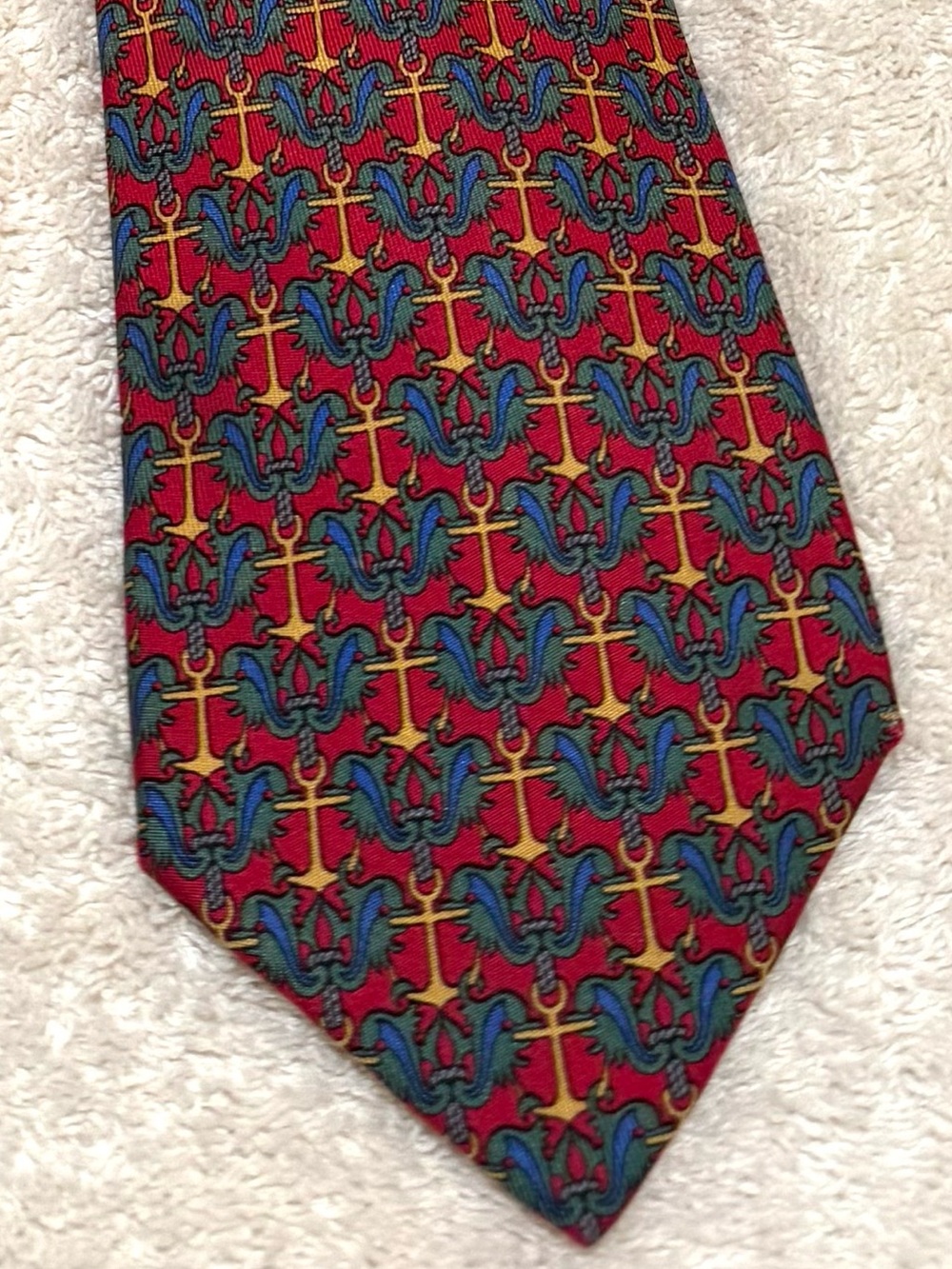 Hermes Red and Blue Silk Patterned Tie